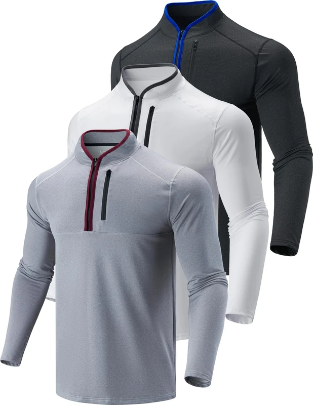 3 Pack: Men's Quarter 1/4 Zip Pullover Long Sleeve Workout Jackets, Athletic Dry Fit Running Shirts, Black/White/Gray, Large