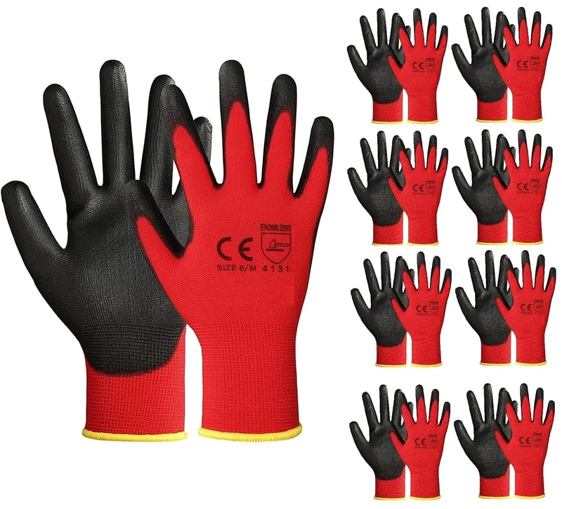A406 24 Pair Red Nitrile Coated Work Gloves - Medium, Ideal for Gardening, Construction & Warehouse Use
