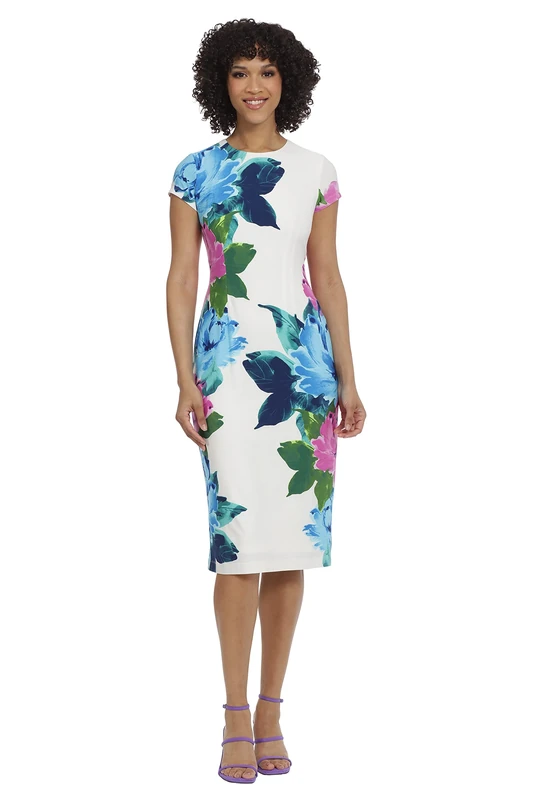 Maggy London Women's Dresses Placement Print Matte Jersey Midi Sheath Career Office Workwear Event Occasion Guest of, Soft White/Turquoise, 8