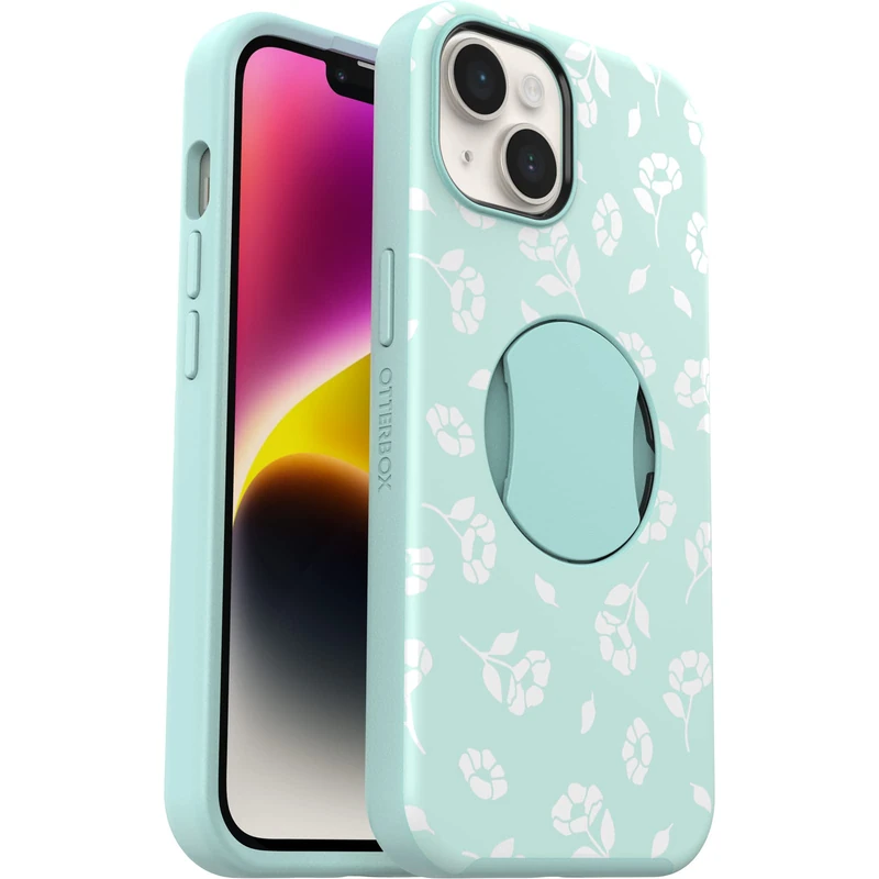 OtterBox iPhone 14 and iPhone 13 OtterGrip Symmetry Series Case - POPPIES BY THE SEA (Blue), built-in grip, sleek case, snaps to MagSafe, raised edges protect camera & screen