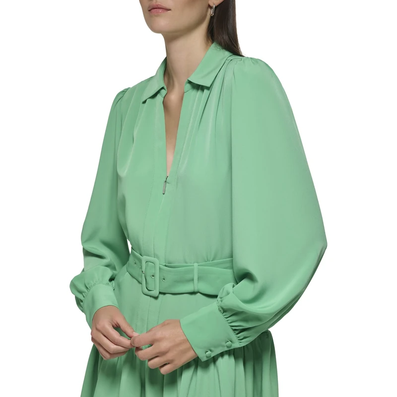 KARL LAGERFELD Paris Women's Belted Collar Front Zip Dress, Green, 16