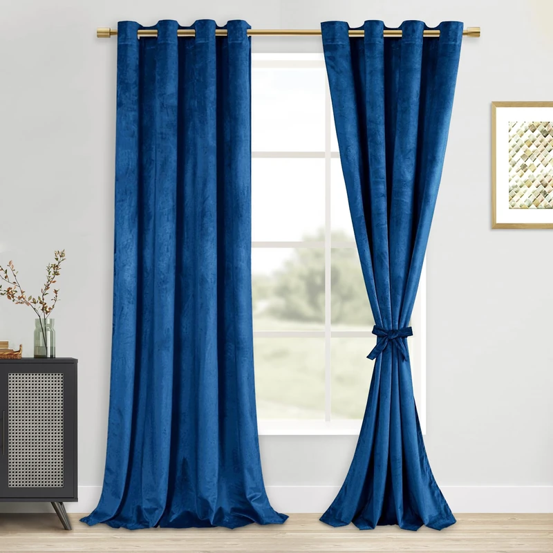 DWCN Blue Velvet Curtains 120 inches Long - Blackout Privacy Protect Window Drapes Thick Grommet Tieable Light Blocking Curtains & Drapes for Bedroom Living Room Home Decor, W52 x L120, 2 PCs