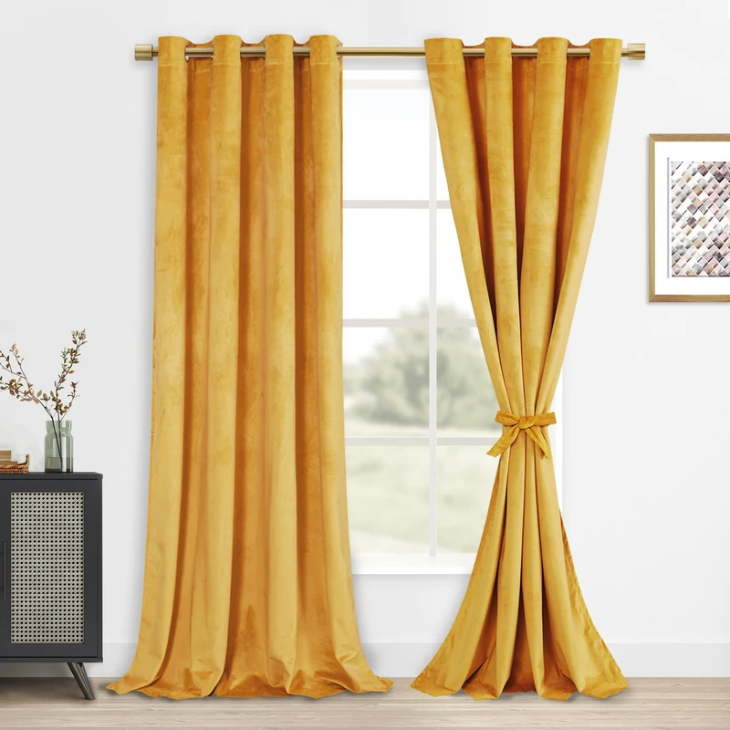 DWCN Gold Velvet Curtains 90 Inches Long - Room Darkening Privacy Protect Window Treatments Thick Grommet Tieable Privacy Drapes for Bedroom Living Room Home Decor, Gold, W52 x L90, 2 Panels