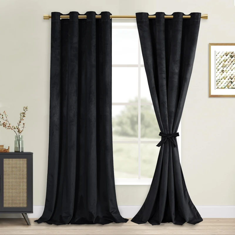 DWCN Black Blackout Velvet Curtains 90 inches - Elegant Refresh Tieable Heavy Duty Thermal Insulated Energy Efficiency Grommet Window Panels for Bedroom/Living Room Backdrop Decor, W52 x L90, 2 PCs
