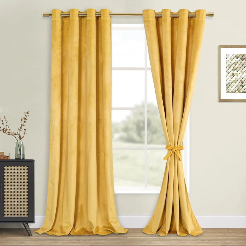 DWCN Velvet Curtains 90 Inches Long - Yellow Room Darkening Privacy Protect Window Treatments Thick Grommet Tieable Privacy Drapes for Bedroom Living Room Home Decor, W52 x L90, 2 Panels