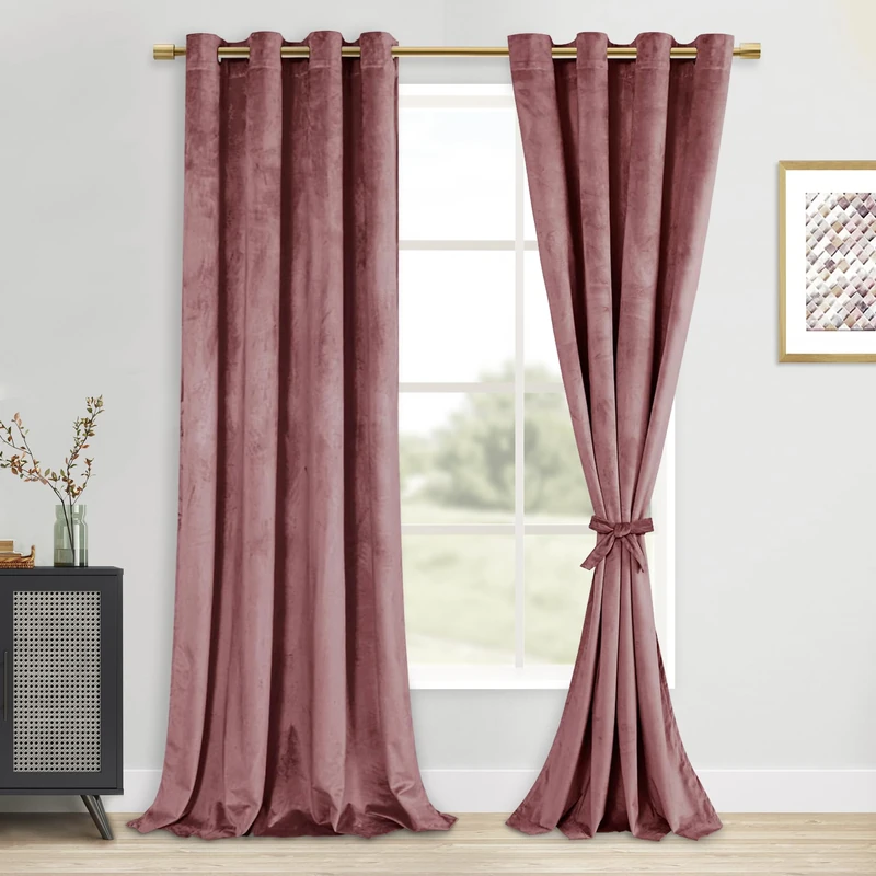 DWCN Velvet Curtains 108 Inches - Elegant Super Soft Tieable Window Curtains Panels Blackout Grommet Design Thick Fabric Window Dressing for Theater/Den/Dorm/Dining, Wild Rose, W52 x L108, 2 Panels