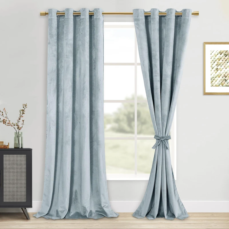 DWCN Velvet Curtains - Extra Long Thick Grommet Tieable Window Treatments Room Darkening Privacy Protect Blackout Drapes for Bedroom Living Room Home Decor, Stone Blue, W52 x L120, 2 Panels