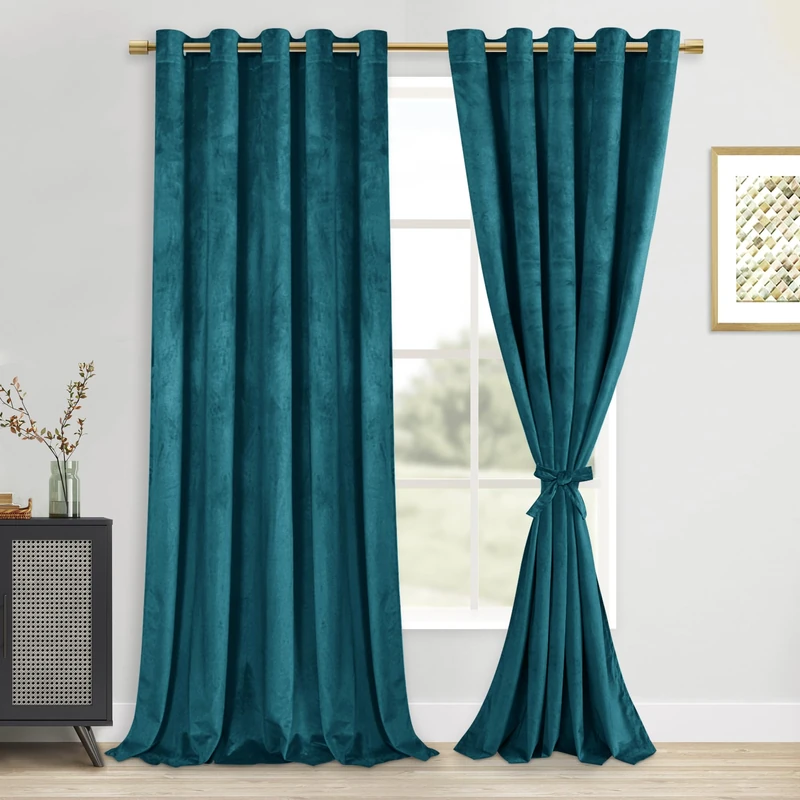 DWCN Velvet Curtains Extra Wide - Teal Blackout Privacy Protect Window Drapes Thick Grommet Tieable Light Blocking Curtains & Drapes for Bedroom Living Room Home Decor, W60 x L84, 2 PCs