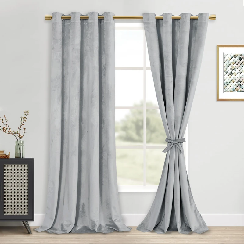 DWCN Velvet Curtains with Tiebacks - 84 Inches Long Luxury Grommet Top Window Treatments Room Darkening Privacy Protect Drapes for Bedroom Living Room Home Decor, Sliver Grey, W52 x L84, 2 Panels