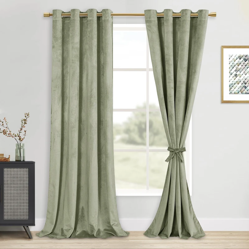 DWCN Light Sage Velvet Curtains - Thermal Insulated Thick Grommet Tieable Window Treatments Room Darkening Privacy Protect Drapes for Bedroom Living Room Home Decor, W52 x L90, 2 Panels