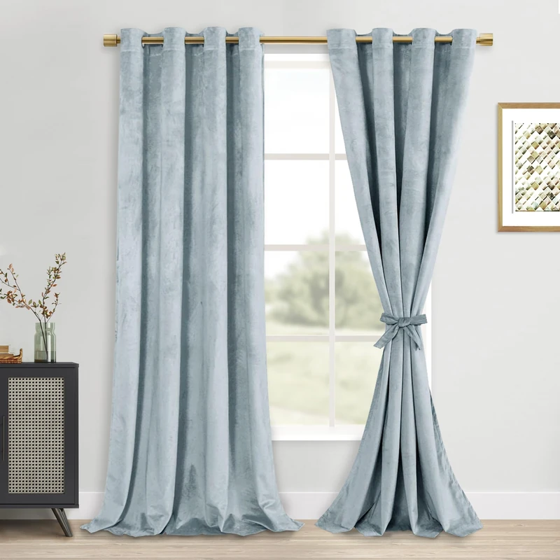 DWCN Velvet Curtains - 96 Inches Long Super Soft Luxury Tieable Window Treatments Room Darkening Privacy Protect Blackout Drapes for Bedroom Living Room Home Decor, Stone Blue, W52 x L96, 2 Panels