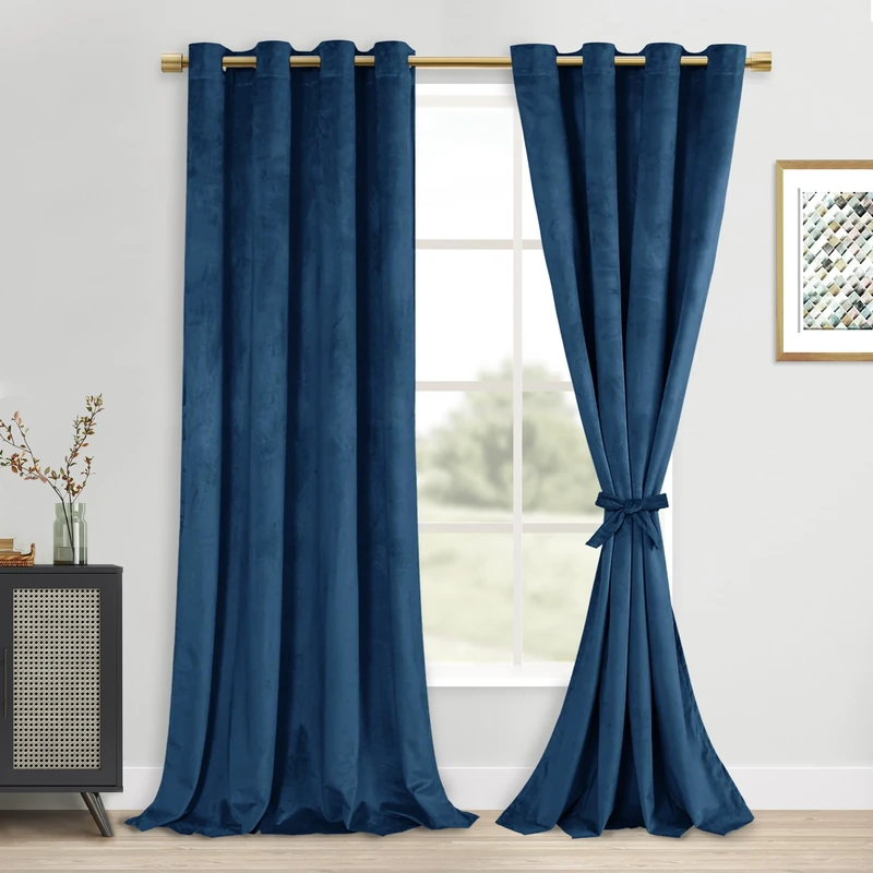 DWCN Navy Blue Blackout Velvet Curtains 96 Inches- Refresh Bundleable Heavy Duty Thermal Insulated Noise Absorb Grommet Window Panels for Bedroom/Living Room Backdrop Decor, W52 x L96, Set of 2