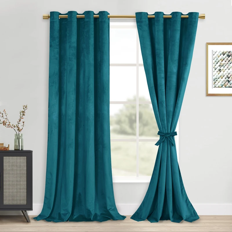 DWCN Teal Velvet Blackout Curtains - 84 Inches Long Tieable Window Curtains Panels Grommet Design Thick Fabric Thermal Insulated Window Dressing for Theater/Den/Dorm/Dining, W52 x L84, 2 Panels