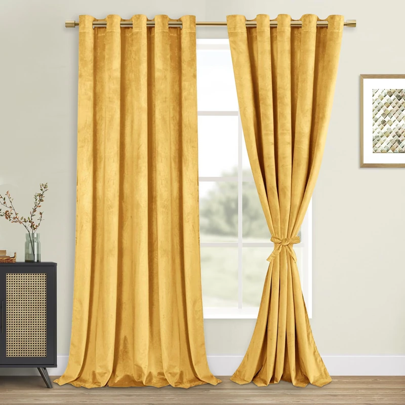 DWCN Extra Wide Velvet Curtains - Room Darkening Privacy Protect Window Treatments Thick Grommet Tieable Privacy Drapes for Bedroom Living Room Home Decor, W60 x L96, Yellow, 2 Panels