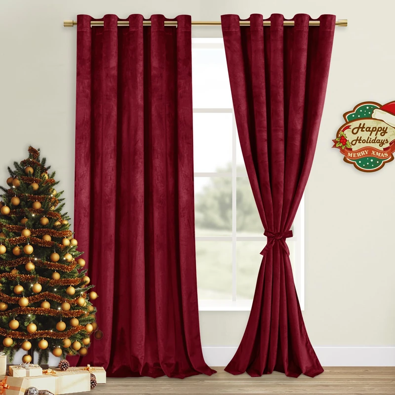 DWCN Velvet Blackout Curtains, 243.8 cm, with Eyelets, Thermal-Insulated, Holiday Party, Decorative Backgrounds for Living Room, Party Decoration, W 60 x L 96 inches, Wine Red, 2 Pieces