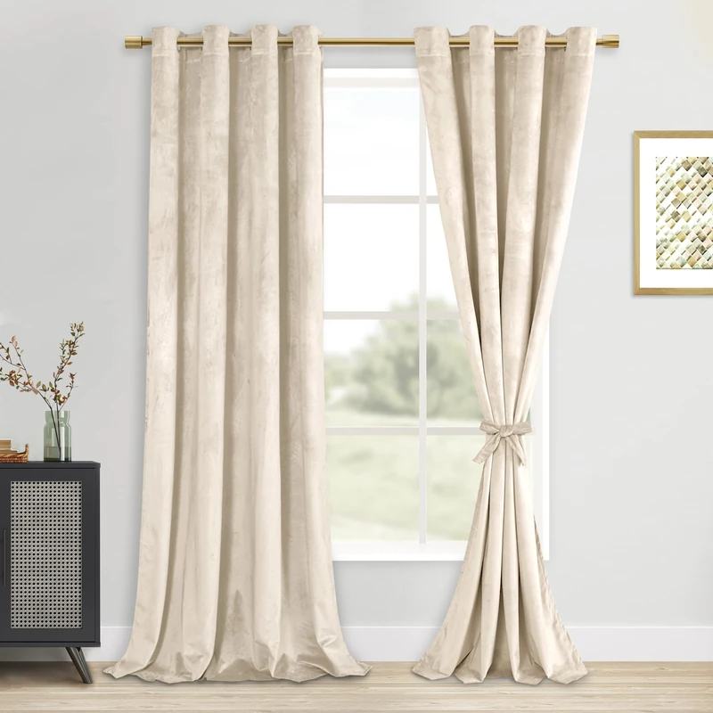 DWCN Beige Velvet Curtains 108 inches Long - Room Darkening Noise Absorb Tieable Grommet Curtains & Drapes Warm Soft Texture Privacy Drapes for Bedroom/Living Room/Farmhouse Style Decor W52 x L108