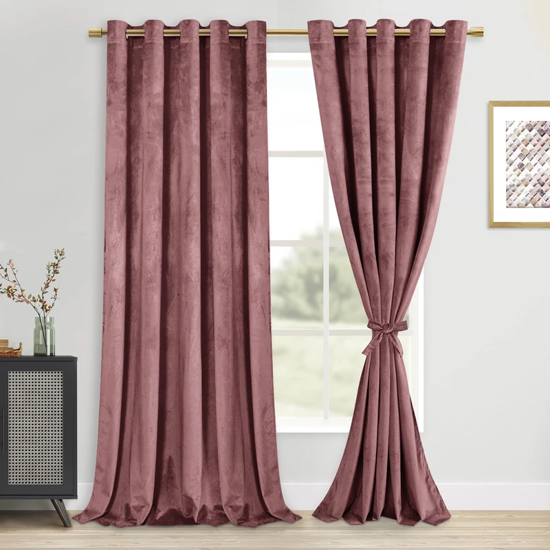 DWCN Velvet Blackout Curtains - 84 Inches Long Wild Rose Tieable Window Curtains Panels Grommet Design Thick Fabric Thermal Insulated Window Dressing for Theater/Den/Dorm/Dining, W60 x L84, 2 Panels