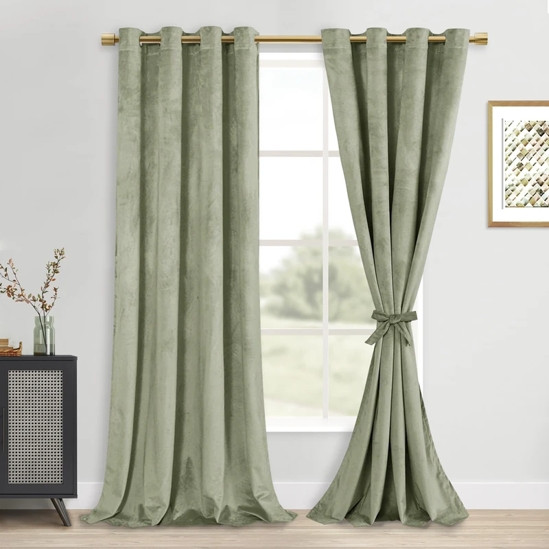 DWCN Light Sage Velvet Curtains 84 Inches Length with Tiebacks - Grommet Bundleable Window Treatments Room Darkening Privacy Protect Drapes for Bedroom Living Room Home Decor, W52 x L84, 2 Panels