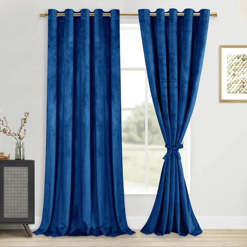DWCN Velvet Curtains Extra Wide - Blue Blackout Privacy Protect Window Drapes Thick Grommet Tieable Light Blocking Curtains & Drapes for Bedroom Living Room Home Decor, W60 x L84, 2 PCs