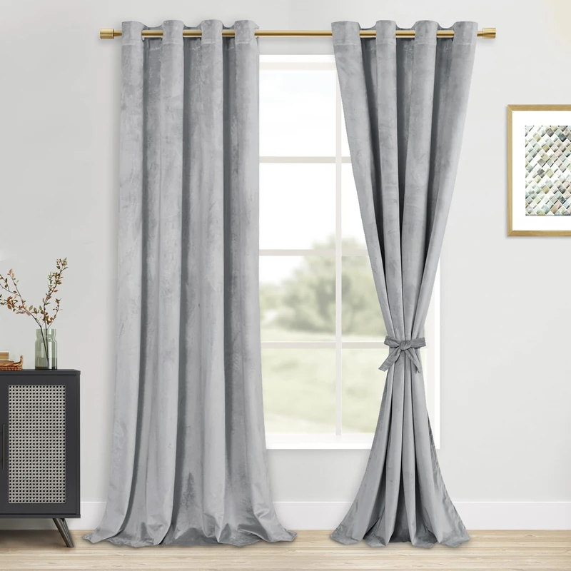 DWCN Velvet Curtains - 90 Inches Long Super Soft Luxury Grommet Tieable Window Treatments Room Darkening Privacy Protect Drapes for Bedroom Living Room Home Decor, Sliver Grey, W52 x L90, 2 Panels