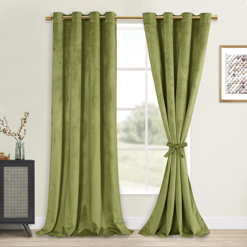 DWCN Moss Green Velvet Curtains 96 inches with Tiebacks - Elegant Sunlight Blocking Curtains for Living Room Thermal Insulated Noise Reducing Window Shade Panels for Living Room, W52 x L96, 2 Panels