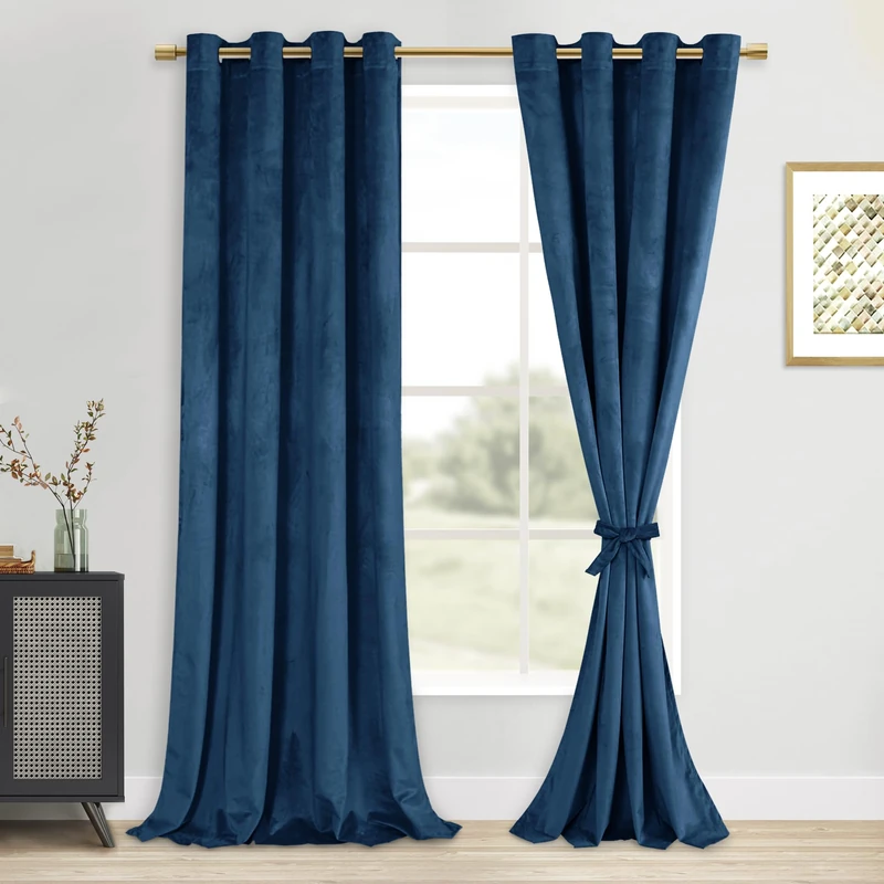 DWCN Navy Blue Blackout Velvet Curtains - Refresh Bundleable Heavy Duty Thermal Insulated Noise Absorb Grommet Window Panels for Bedroom/Living Room Backdrop Decor, W52 x L90, Set of 2
