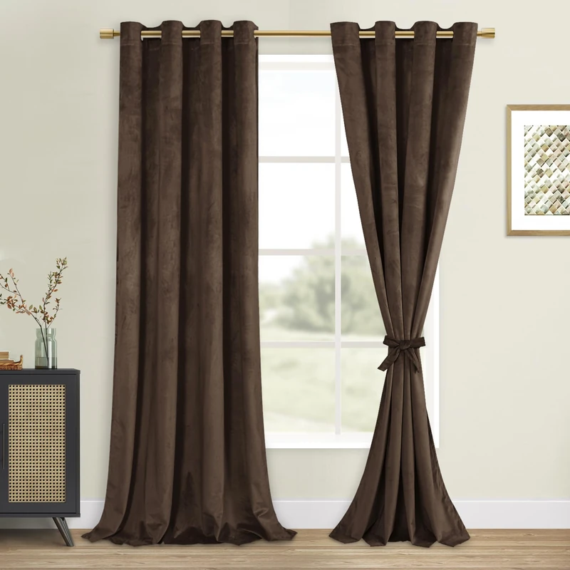 DWCN Blackout Velvet Curtains - Extra Long Refresh Bundleable Heavy Duty Thermal Insulated Grommet Window Panels for Bedroom/Living Room Backdrop Decor, Dark Brown, W52 x L108, Set of 2
