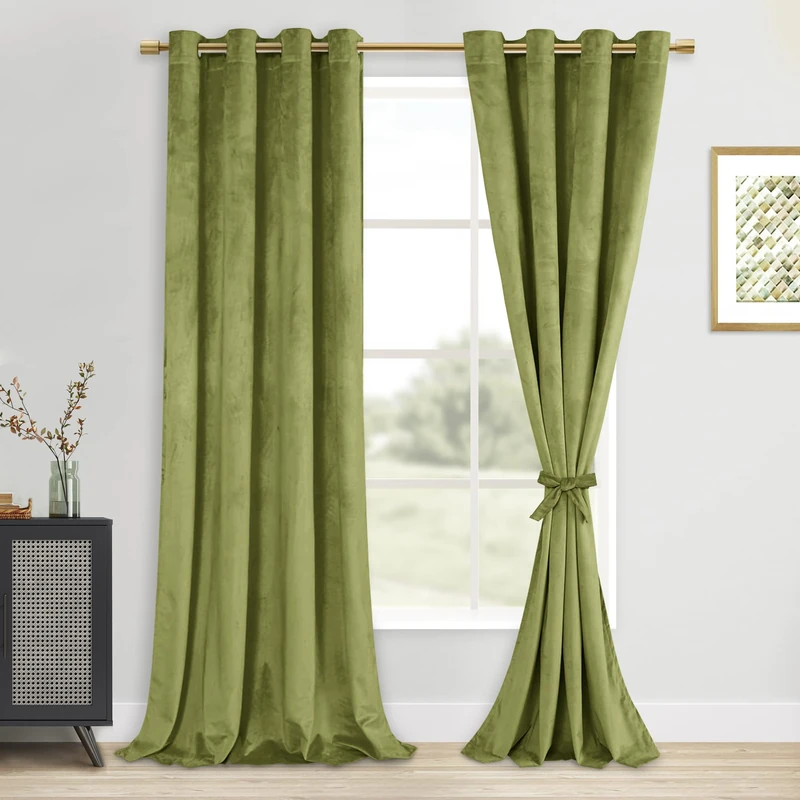DWCN Velvet Curtains 108 Inches - Elegant Super Soft Tieable Window Curtains Panels Blackout Grommet Design Thick Fabric Window Dressing for Theater/Den/Dorm/Dining, Moss Green, W52 x L108, 2 Panels