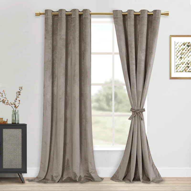 DWCN Taupe Velvet Curtains 96 Inches with Tiebacks - Elegant Room Darkening Bundleable Grommet Window Curtains Neutral Style Window Dressing for Bedroom/Living Room, W52 x L96, 2 Panels