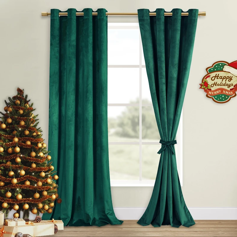 DWCN Dark Green Blackout Velvet Curtains 90 Inches- Refresh Bundleable Heavy Duty Thermal Insulated Noise Absorb Grommet Window Panels for Bedroom/Living Room Backdrop Decor, W52 x L90, Set of 2