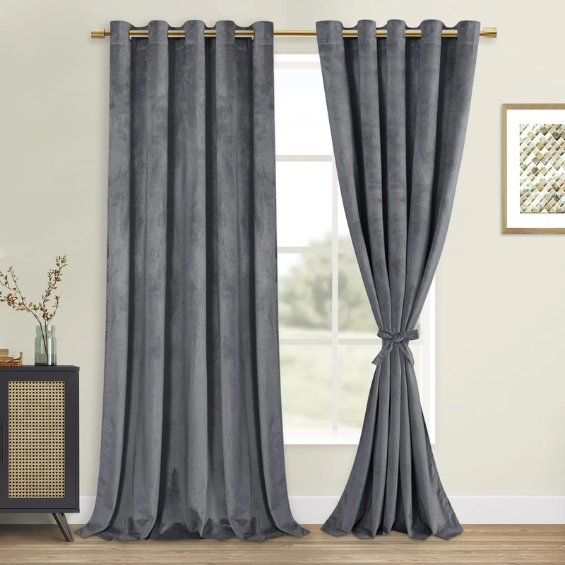DWCN Extra Wide Grey Velvet Curtains - 96 Inches Long Thick Grommet Tieable Window Treatments Blackout Room Darkening Privacy Protect Drapes for Bedroom Living Room Home Decor, W60 x L96, 2 Panels