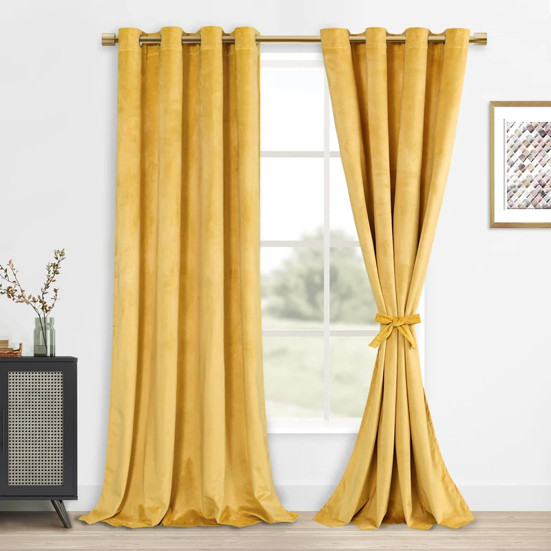 DWCN Velvet Curtains - 120 Inches Long Room Darkening Privacy Protect Window Treatments Thick Grommet Tieable Privacy Drapes for Bedroom Living Room Home Decor, Yellow, W52 x L120, 2 Panels