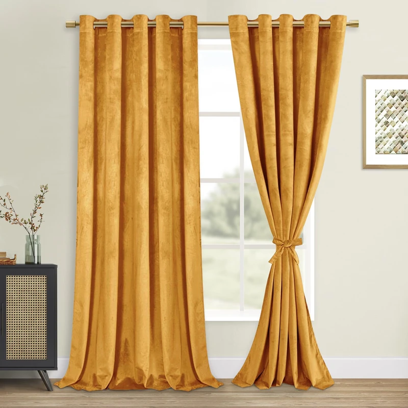 DWCN Velvet Curtains Extra Wide - Gold Room Darkening Privacy Protect Window Treatments Thick Grommet Tieable Privacy Drapes for Bedroom Living Room Home Decor, Gold, W60 x L84, 2 Panels
