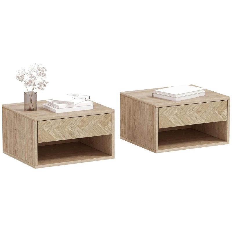 HOMCOM Floating Bedside Tables Set of 2, Wall Mounted Nightstand with Drawer and Open Shelf for Bedroom, Natural Wood Finish