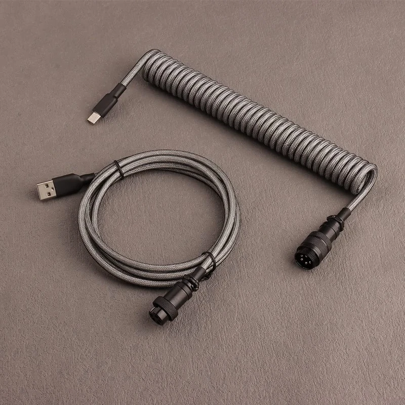 Double-Sleeved Detachable Aviator Connector USB-C Coiled Cable For Custom Gaming Mechanical Keyboards (Color : Dark grey black)