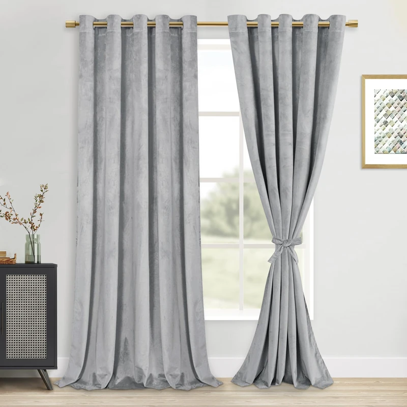 DWCN Velvet Curtains Extra Wide - 84 Inches Long Thick Grommet Tieable Window Treatments Room Darkening Privacy Protect Drapes for Bedroom Living Room Home Decor, Sliver Grey, W60 x L84, 2 Panels