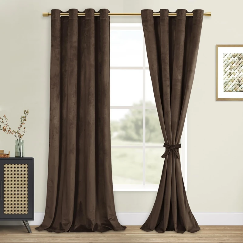 DWCN Dark Brown Blackout Velvet Curtains - 90 Inches Long Refresh Bundleable Heavy Duty Thermal Insulated Grommet Window Panels for Bedroom/Living Room Backdrop Decor, W52 x L90, Set of 2