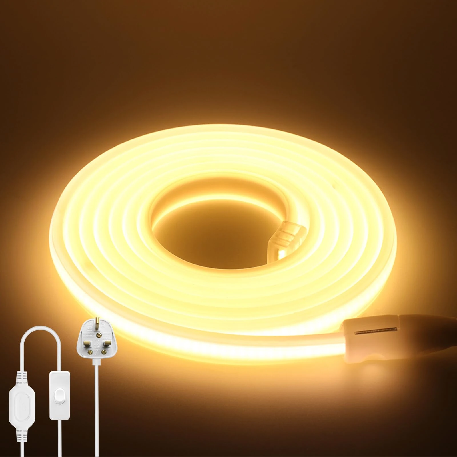 KAFULA 220V LED Neon Rope Light with On/Off, 100M Warm White 3000K Cuttable Waterproof Flexible LED Strip Light, DIY Design, Bedroom, Living Room, Game Room, Kitchen and Shop Decoration