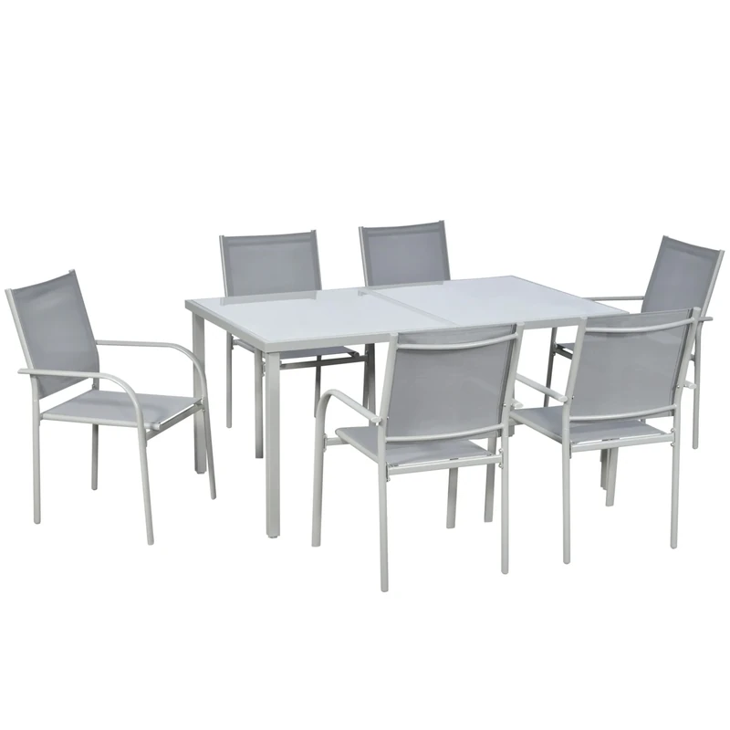 Outsunny 7 Piece Garden Dining Set, Outdoor Table and 6 Stackable Chairs, Steel Frame, Tempered Glass Top Table, Mesh Seats, Grey