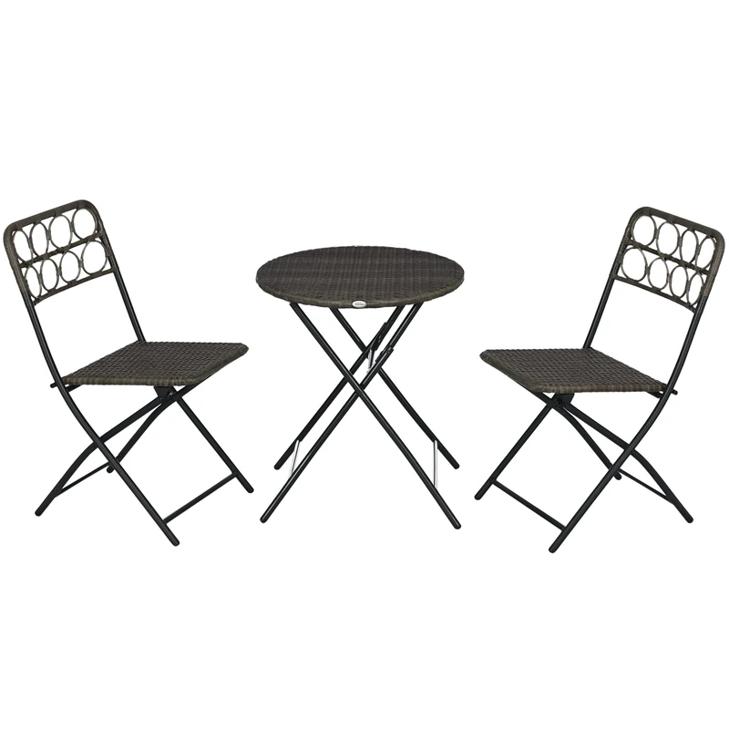 Outsunny 3 Pieces Rattan Bistro Set, Wicker Folding Garden Furniture Set with Coffee Table and Chairs for Outdoor, Patio, Balcony, Grey
