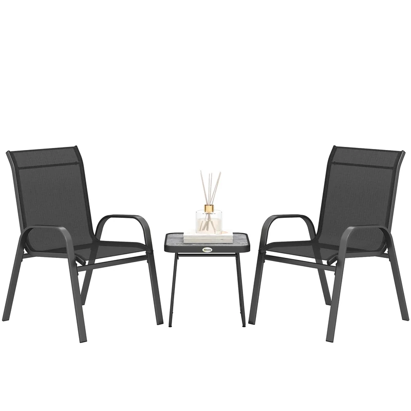 Outsunny 3 Pieces Outdoor Bistro Set, Patio Stackable Armchairs with Breathable Mesh Fabric and SPC Board Coffee Table, Black