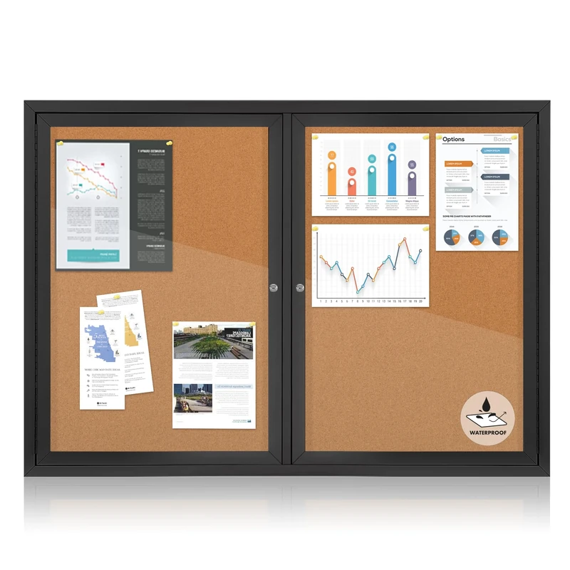 EVERSUPPLY Enclosed Bulletin Board Outdoor Noticeboard with Locking Door, Weather-Resistant, Cork, Black Aluminum Frame, 48 x 34 in