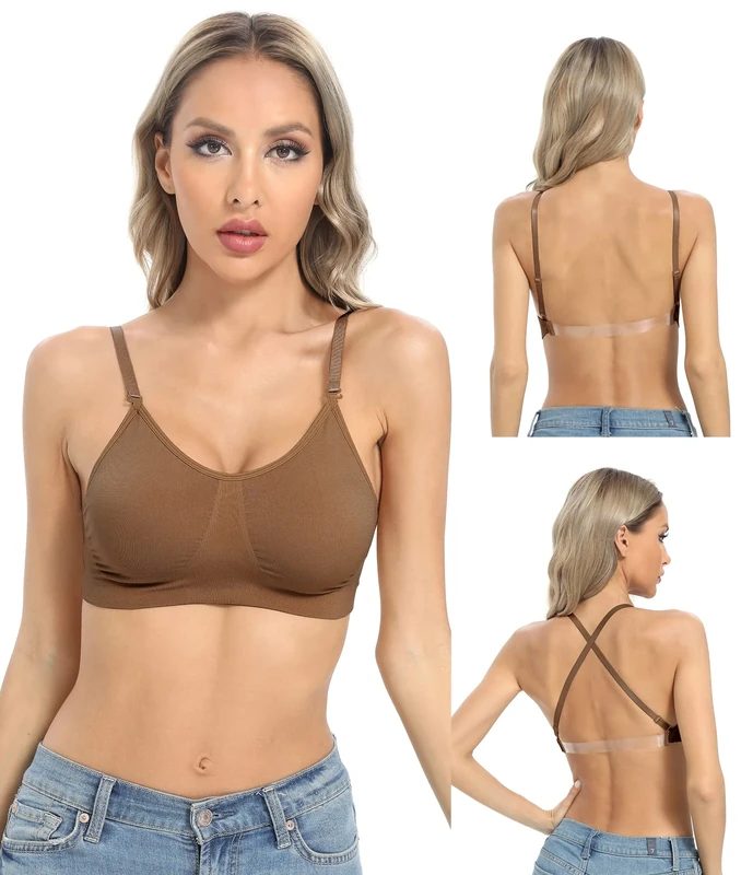 ANGOOL Clear Back Bra Wireless Professional Low-Back Dance Bra, Adjustable Straps Unpadded Backless Design for Ballet & Gym, Brown, XL
