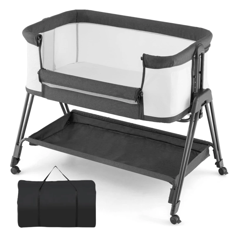 GYMAX Baby Bedside Crib, Foldable Infant Side Cot (Gray)