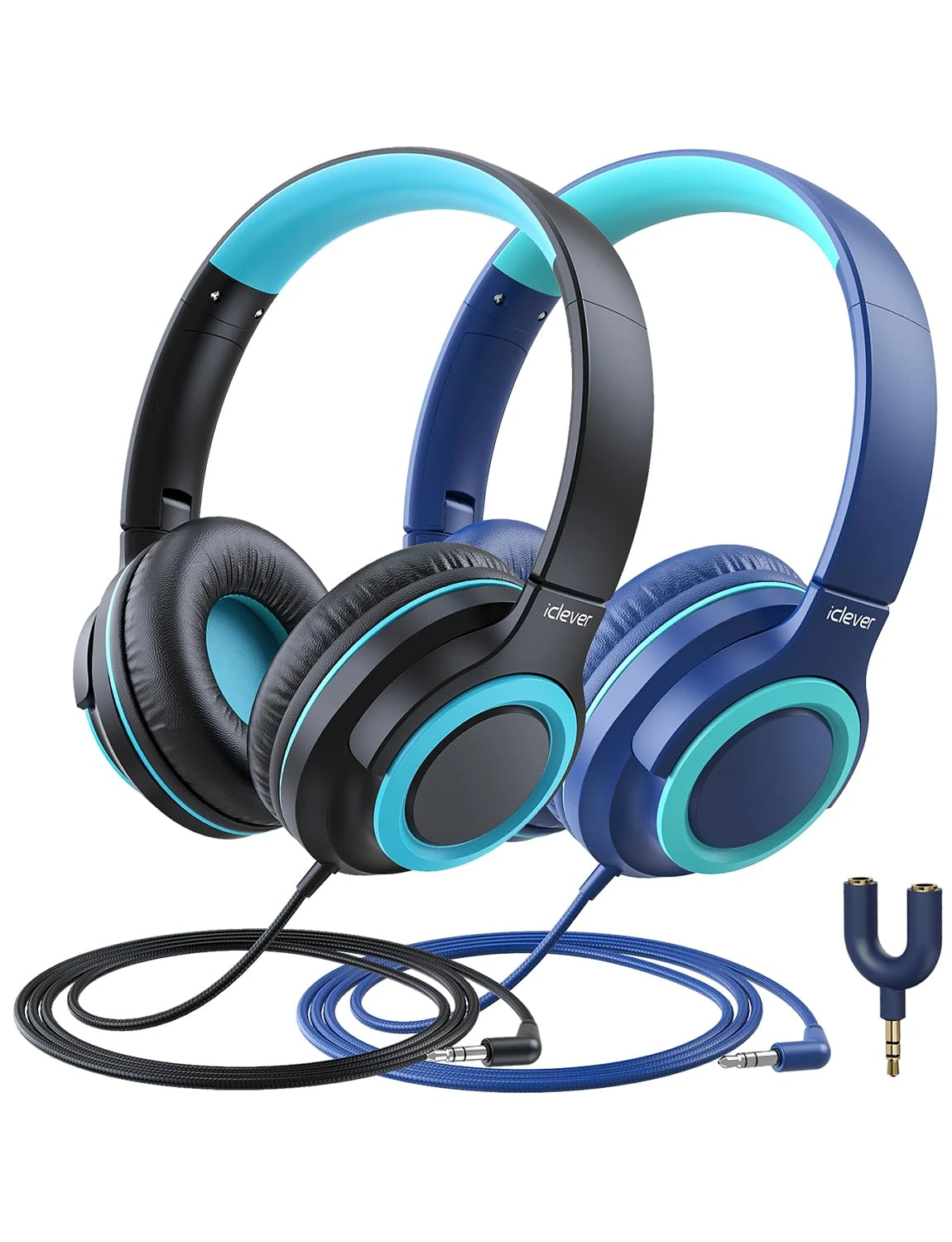 iClever 2 Pack Kids Headphones for Girls Boys 85dBA Safe Volume Limited - Wired Headphones Kids with Sharing Splitter, Tangle-Free Foldable Stereo Headphone for School/Tablet/Travel, Blue&Black