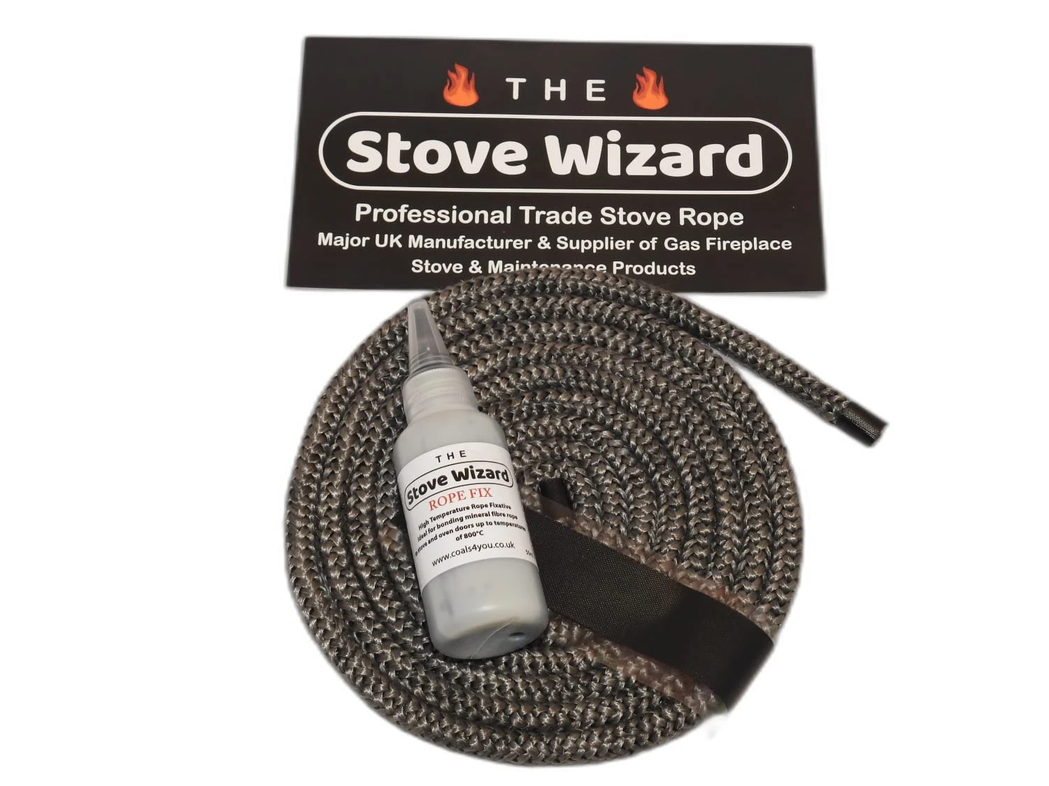 The Stove Wizard Black Stove Rope Kit 10mm x 2.5m Long with Large 50ml Super Seal Adhesive Flues Glass Door Seals Wood Log Burner Replacement Multi Fuel Stove Made In The UK