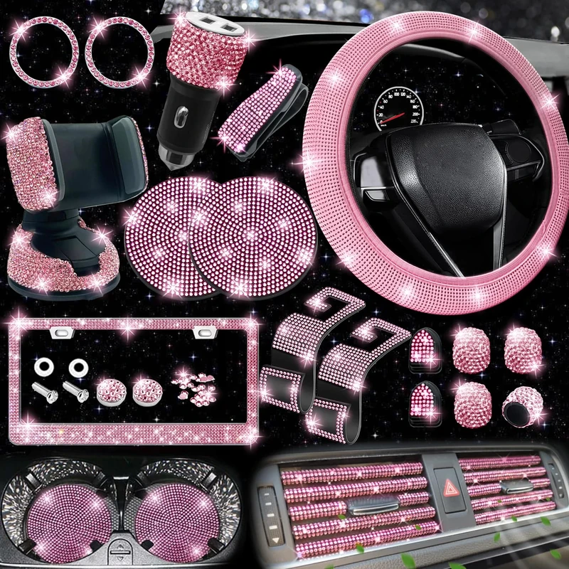 NBTEPEM 27-Piece Bling Car Accessories Set - Universal Fit Steering Wheel Covers, License Plate Frames, Phone Holder, Car Fast Charger, Coasters (Pink)
