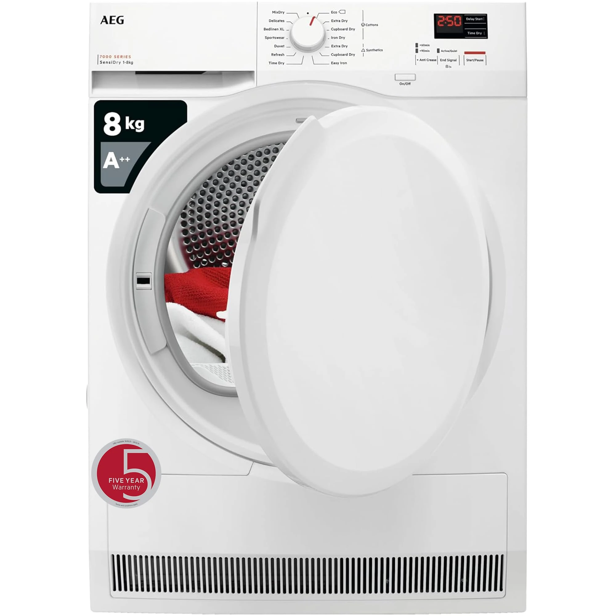 AEG 7000 Series Freestanding Heat Pump Tumble Dryer 8kg TR708L0B, 8kg Load, SensiDry with Low Energy Consumption, EasyClean Filter, Energy Class A++, White