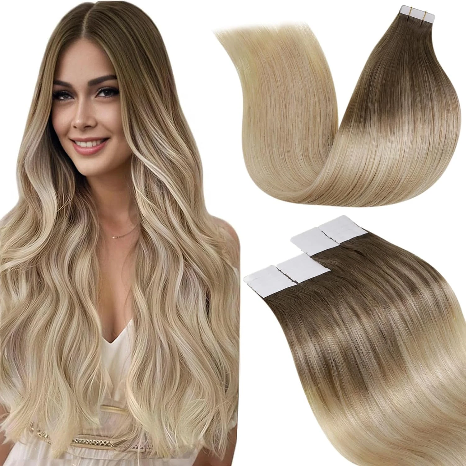 LaaVoo Tape in Hair Extensions Human Hair Blonde Tape Hair Extensions Real Human Hair Invisible Tapes Remy Straight Balayage Brown to Blonde Hair Double Sided Tabs 20pcs 30g 12 Inch #8/18/60