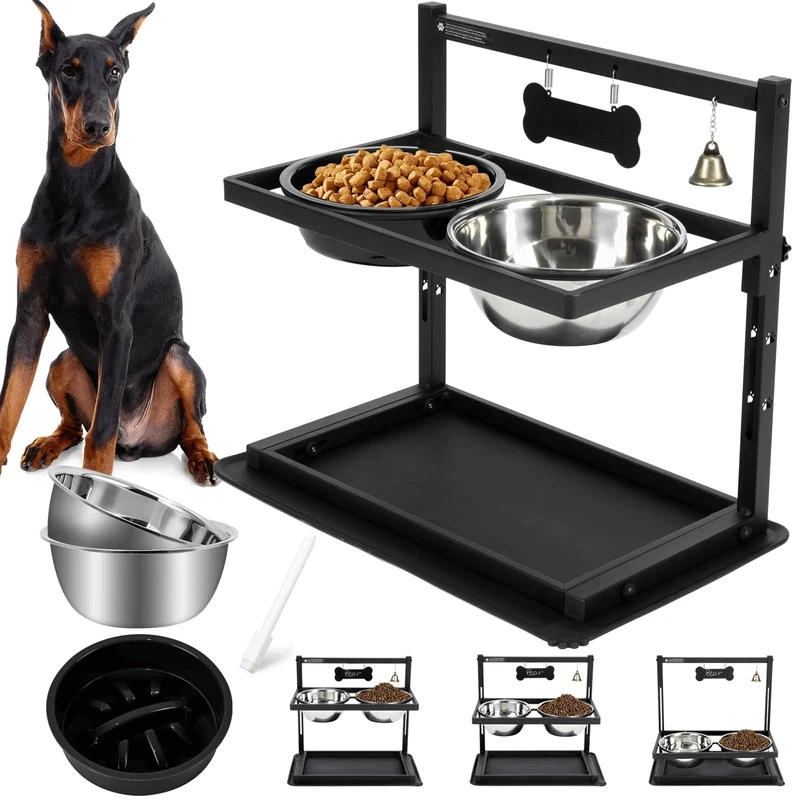 Elevated Dog Bowls with Slow Feeder,Raised Dog Bowls for Large Dogs Adjusable Height with 2 Stainless Steel Dog Food Bowls Spill Proof Mat, Dog Bowls for Large Medium Dogs and Cats.(Black)
